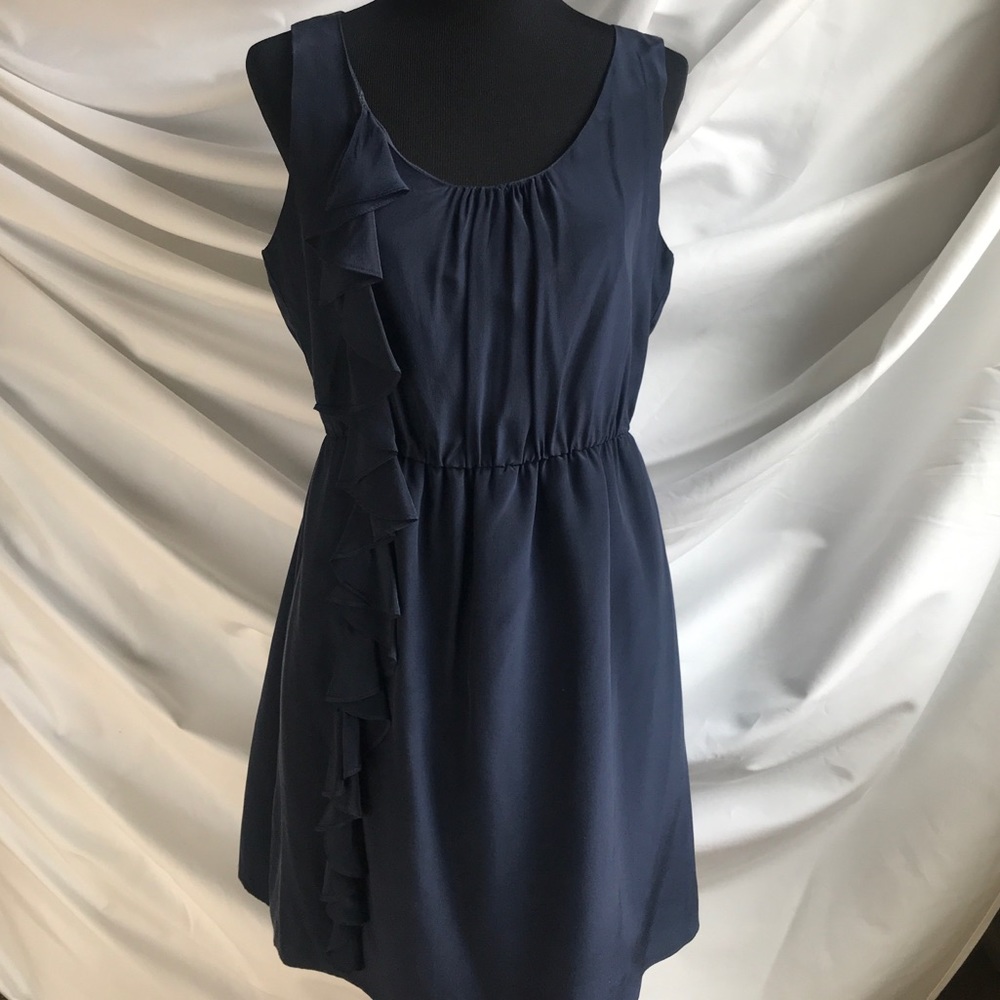 BARNEYS NEW YORK LIQUID Navy Silk Ruffle Dress